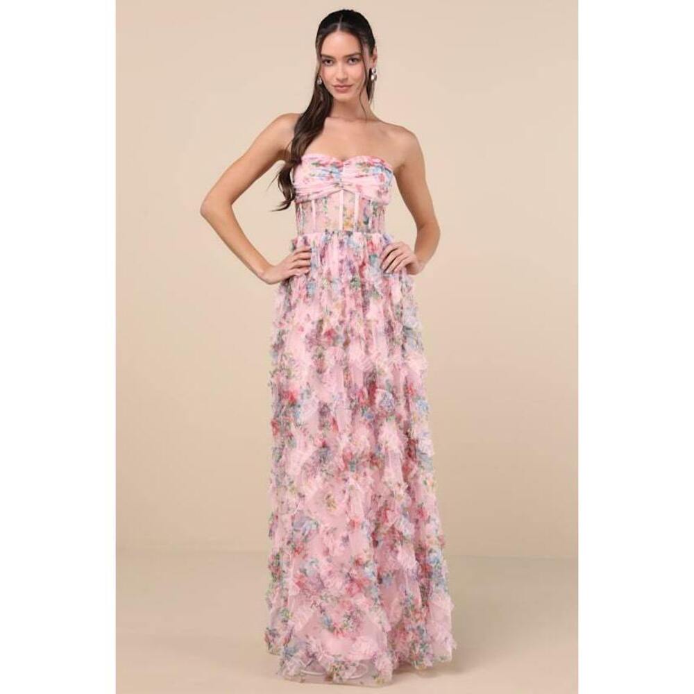 Lulus Stunning Element Pink Floral Mesh Ruffled Strapless Maxi Dress - Size XXL